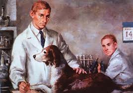 Fredrick Banting working with a dog in his lab.