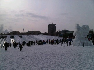 Standing back, here is a view of the ice slides.