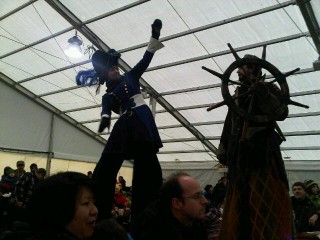 Stilt-walkers in the Warming Hut.