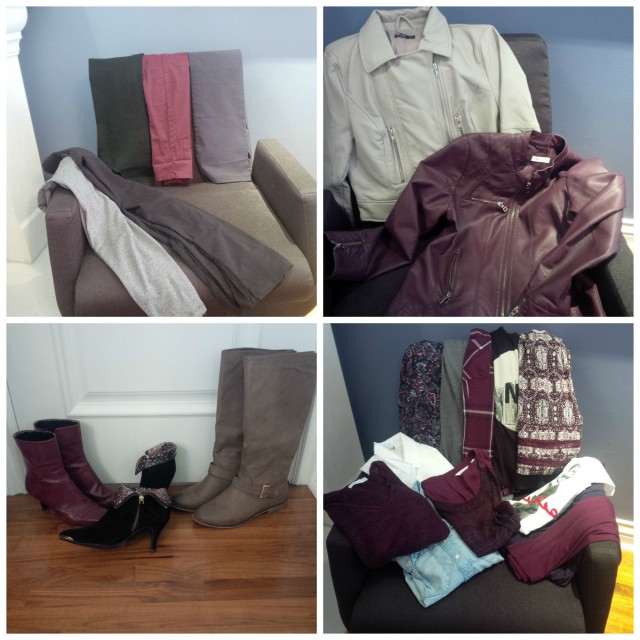 Clockwise from top: 2 leggings and 3 pairs of pants; 2 autumn jackets; 2 booties and 1 tall pair of boots; 3 short-sleeves, 4 long-sleeves, and 3 tanks